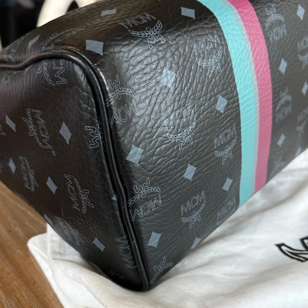 MCM Black Satchel with Pink and Teal Stripes - Picture 6 of 12
